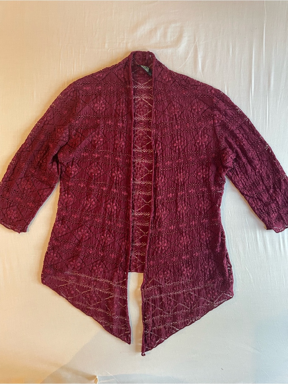 Women's Burgundy Lace-Pattern Open-Front Cardigan